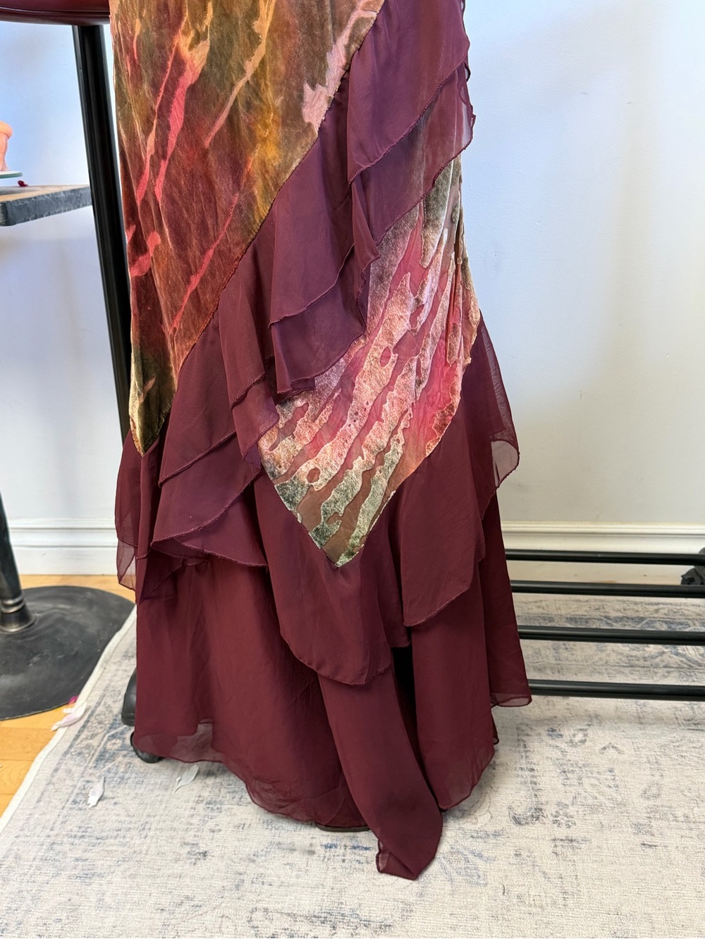 Jeff Gallano Paris Burgundy Velvet Burnout Layered Evening Gown Dress FR 42 - Picture 4 of 10